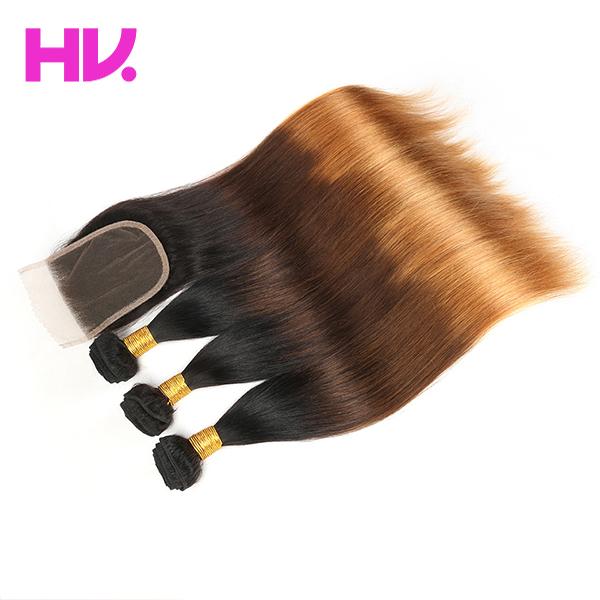 Ombre peruvian straight Human Hair Bundles with 4*4 Lace Closure Free Part middle part Remy Hair 3 Bundles with Closure T1B/4/30