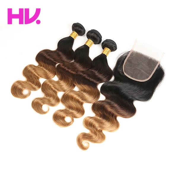 Ombre Brazilian body wave Human Hair Bundles with 4*4 Lace Closure Remy Hair 3 Bundles with Closure T1B/4/27