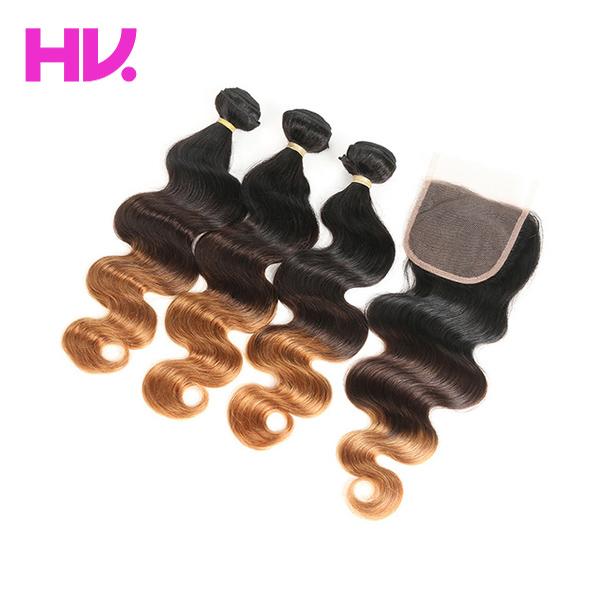 Ombre indian body wave Human Hair Bundles with 4*4 Lace Closure Free/middle part Remy Hair 3 Bundles with Closure T1B/4/30