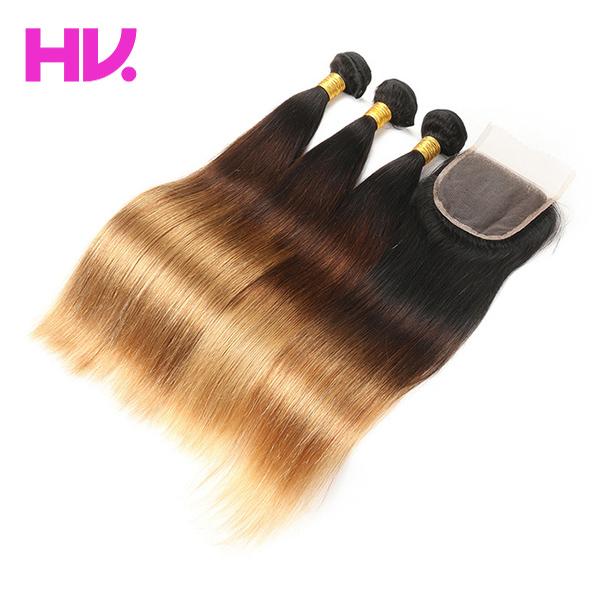 Ombre indian straight Human Hair Bundles with 4*4 Lace Closure Free Part middle part Remy Hair 3 Bundles with Closure T1B/4/27