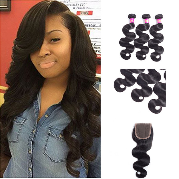 7A usofthair Brazilian Body Wave 3 Bundles With Closure 100% Unprocessed Human Hair Weave Extensions With free part Lace Closure