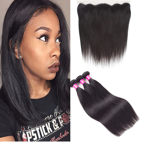 7A Malaysian Straight Hair 3 Bundles With13*4 Closure Virgin Human Hair Wefts weave hair human bundles with closure free part