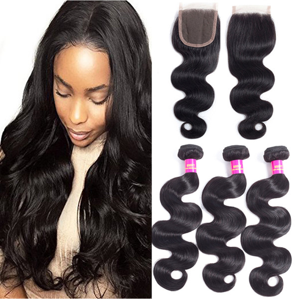 Brazilian Virgin Hair Weave Body Wave 3 Bundles with Closure 100% Unprocessed Brazilian Hair Bundles With 4*4Lace Closure