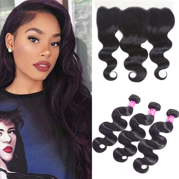 Brazillian virgin human hair bundles with lace frontal body wave bundles with lace closure natural color