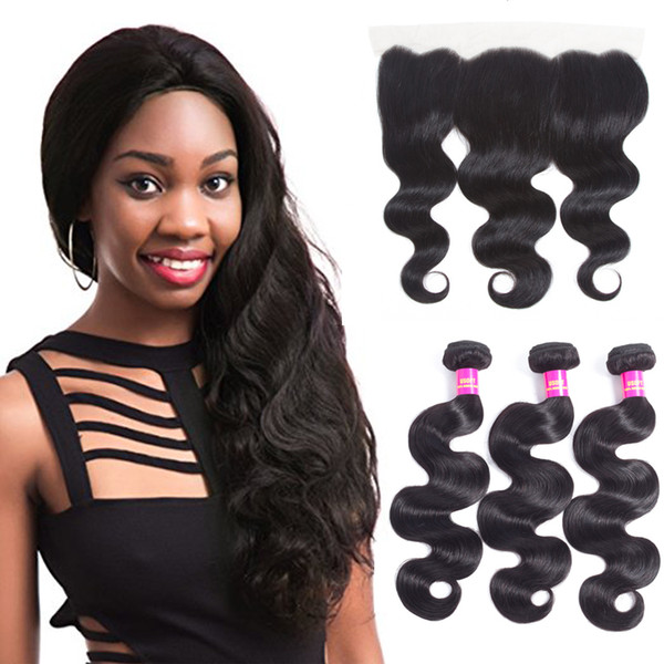 Brazilian Body Wave Hair 3 Bundles with Lace Frontal Closure (13*4)100% Unprocessed Virgin Human Hair