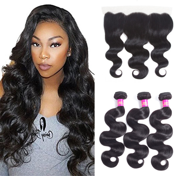 peruvian human hair bundles with closure body wave frontal and bundles natural color can be dyed