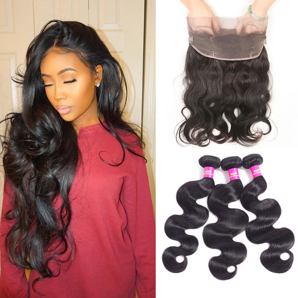 8A 360 lace frontal with bundle brazilian peruvian body wave bundles with closure peruvian hair bundles with closure can be dyed