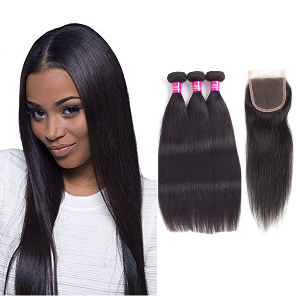 8A Brazilian Straight Virgin Hair with closure 3 Bundles With 4x4 Lace Closure Unprocessed Remy Human Hair Weave