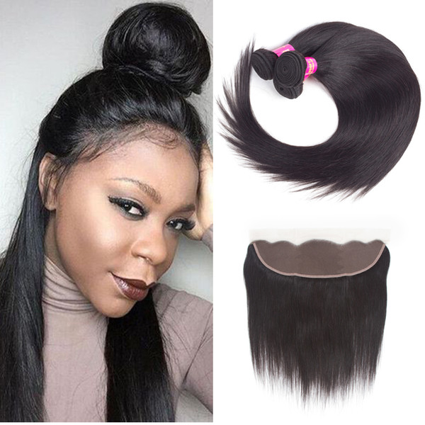 Malaysian Straight Virgin Hair 3 Bundles Wefts with 13X4 Lace Frontal Closure Human Hair Bundles Natural Color Soft