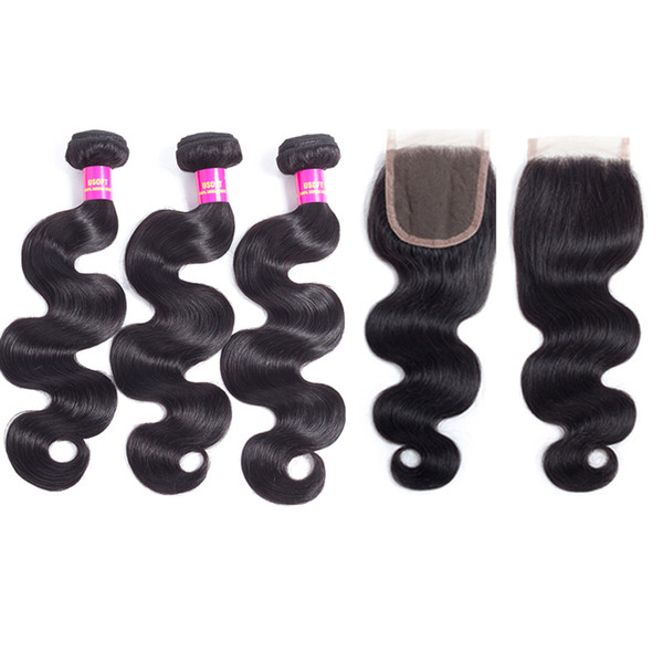 Brazilian virgin human hair body wave 3 Bundles with 4*4Lace Closures Unprocessed brazilian Remy Human Hair wefts with closure