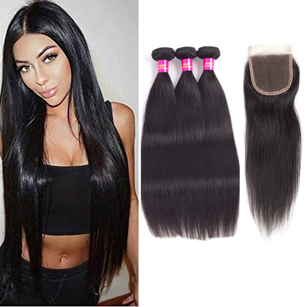 Malaysian Virgin Hair straight 4 Bundles with Closure Baby Hair 5Pcs/Lot 7A Human Hair Bundles with 4x4 Lace Closure Free Part