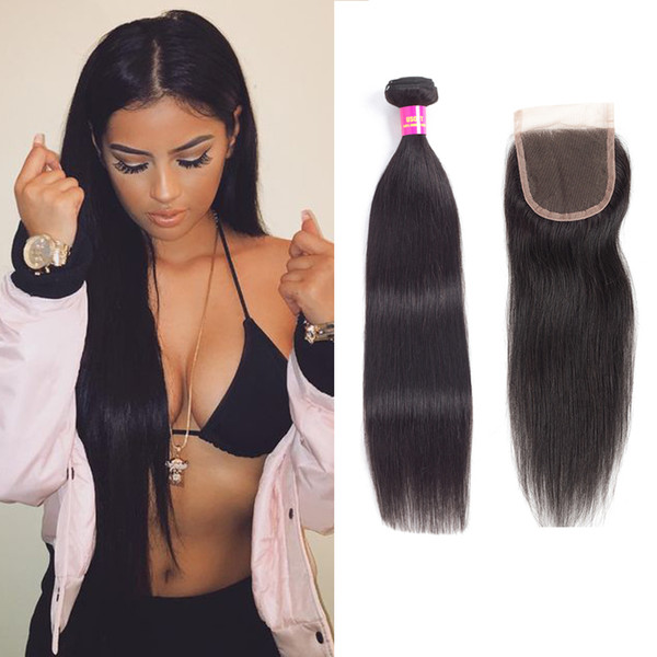 Peruvian Straight Hair Bundles with Lace Closure 10-28Inch 100% Human Hair Weave Bundles Natural Color Non-Remy Hair Extension