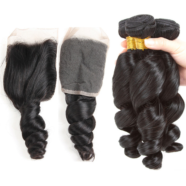 Brazilian virgin human hair bundles with closure loose wave with closure 4x4 lace closure natural color