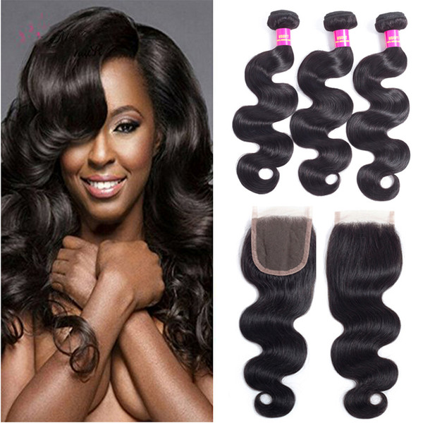 Hot selling  Brazilian Virgin Hair Body Wave with Lace Closure 3 Bundles with Closure Free part Middle part Three part