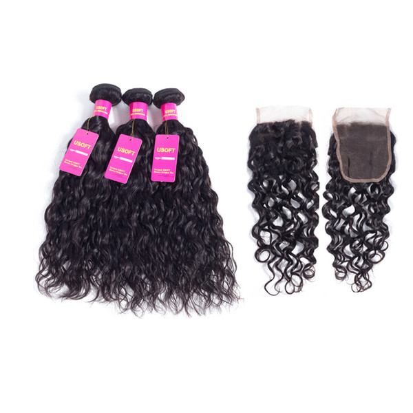 Water Wave Hair 4 bundles with lace closure Brazilian Hair Extensions Natural weave human hair bundles Natural Color (14 16 18 20 inch+12)