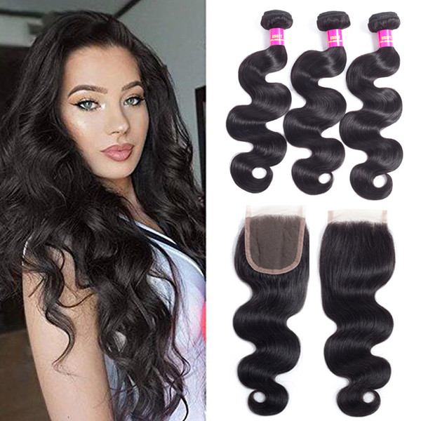 brazilian virgin hair with closure body wave hair bundles weaves closure 4x4 free part 100% human hair