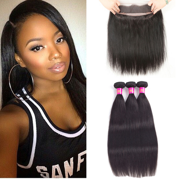 DHgate 360 frontal and bundles virgin brazilian remy hair malaysian straight hair weaves closure soft natural color