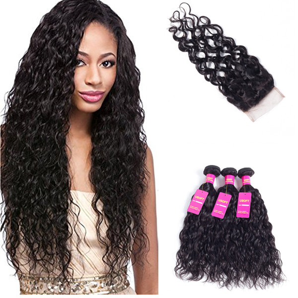 Brazilian Virgin Hair Lace Closure with Bundles Brazilian Human Hair Weave Bundles Wet and Wavy Water Wave 3 Bundles with Closure