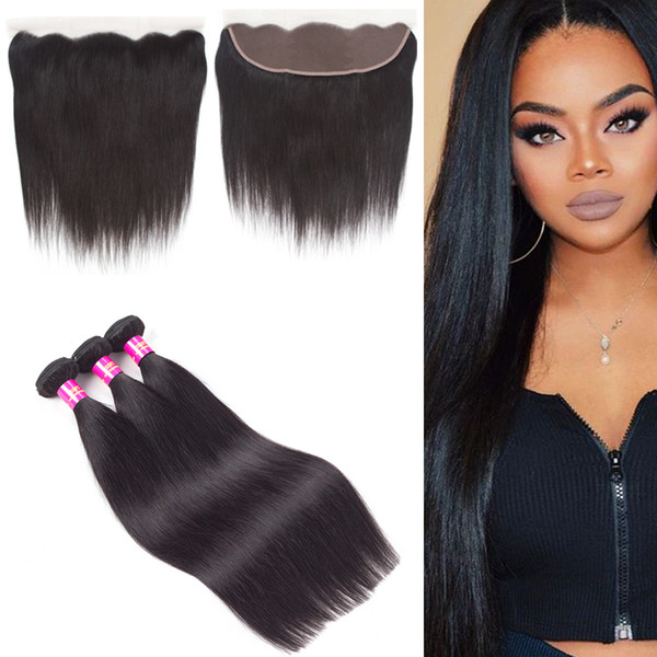 Bundles with Frontal DHgate Remy Human Hair Virgin Brazilian Hair 4 Bundles and Lace Frontal Closure Straight Hair Weaves Closure