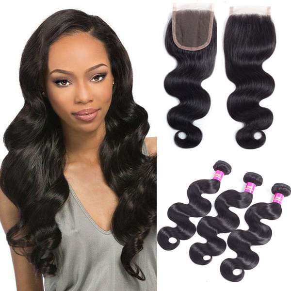 Human Hair Bundles With 4*4 Lace Closure Best Quality Brazilian Virgin Hair 3 Bundles With Closure (8 10 12 +8) body wave