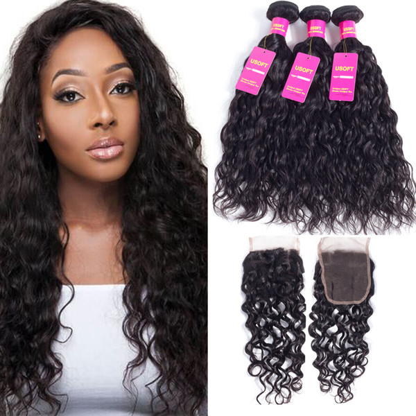 Brazilian Virgin Hair 4 Bundles With Free Part Closure 100% Unprocessed Water Wave Huamn Hair Natural Black 95-100g/pc