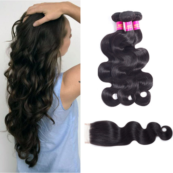 Brazilian Body Wave Hair Bundles 10~28 Inch with lace closure 100% Human Hair Weaving Remy Hair