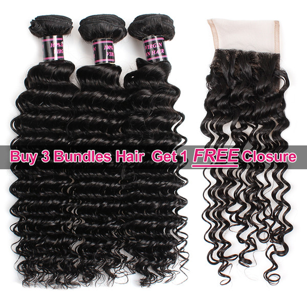 Big Spring Sales Promotion Buy 3 Bundles Brazillian Deep Wave Unprocessed Peruvian Human Hair Get One Free Closure Free Part