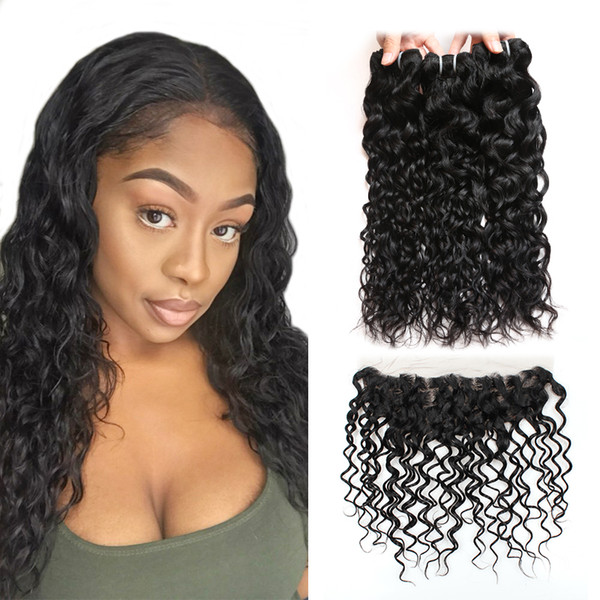 Water Wave Virgin Hair Extensions Ishow Human Hair Bundles With Closure Wholesale Cheap 8A Brazilian Hair 3Bundles With Lace Frontal