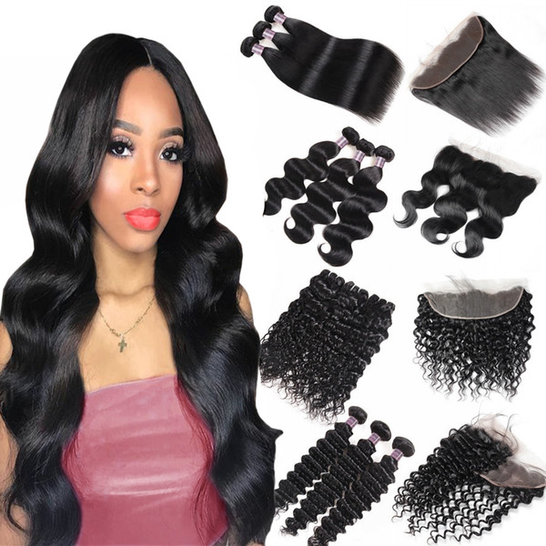 8-28inch Brazilian Body Wave 3/4 Bundles with Lace Frontal Peruvian Deep Wave Kinky Curly Human Hair Bundles with Closure Straight Closure