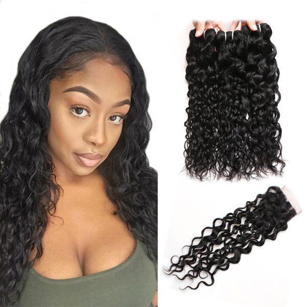 Brazilian Water Wave Human Hair Bundles With Closure Peruvian Wet and Wavy Hair 4 Bundles Malaysian Body Wave Deep Loose Hair Extensions