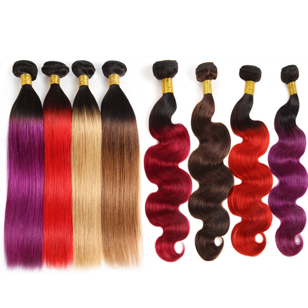 10A Brazilian Human Hair Bundles With Closure Ombre Color Hair Extensions 3Bundles with Lace Closure T1B/Purple 99J Body Wave Straight Hair