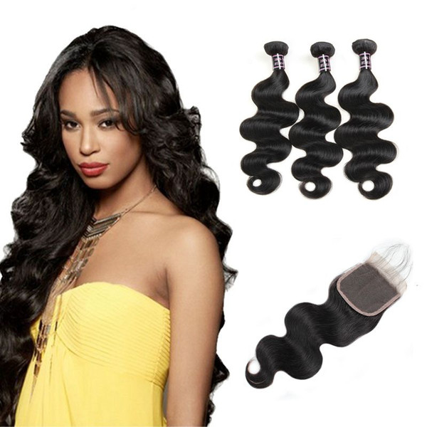 Ishow human hair bundles with closure 8A Brazilian Hair Body Wave 3PCS With 4x4 Lace Closure 100% Unprocessed Virgin Human Hair Extensions