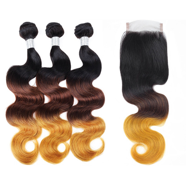 Ishow Ombre Brazilian Body Wave Human Hair Bundles with Lace Closure Free Part Peruvian Remy Hair 3 Bundles with Closure T1B/4/30