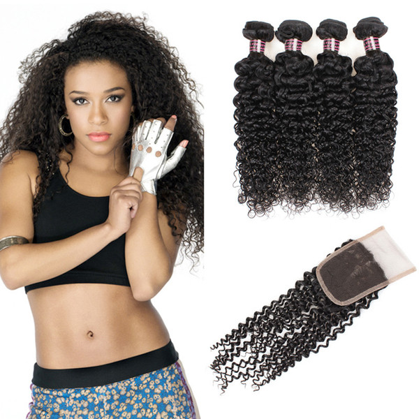 Cheap 8A Brazilian Curly Wave With Closure Peruvian Hair 4 Bundles With Closure Malaysian Curly Wave Human Hair Extensions Wholesale Price