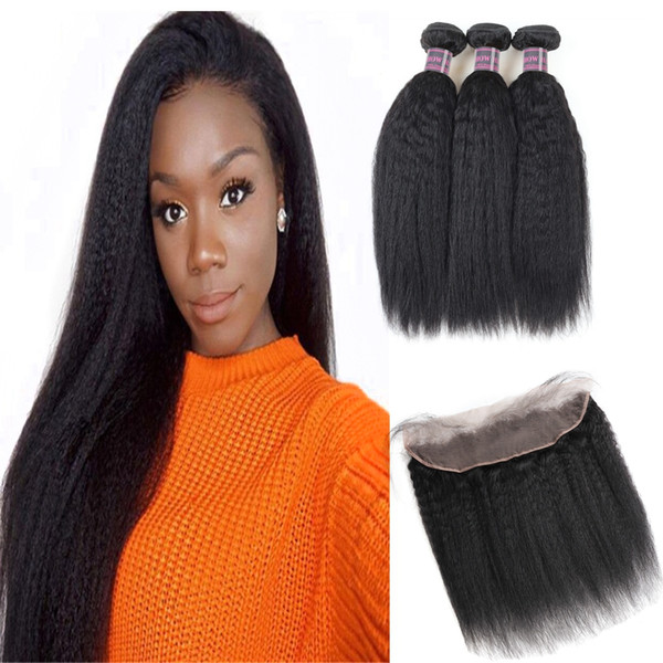 Brazilian Yaki Straight 3/4 Bundles with Lace Frontal Peruvian Body Wave Kinky Curly Human Hair Bundles with Closure Straight Closure