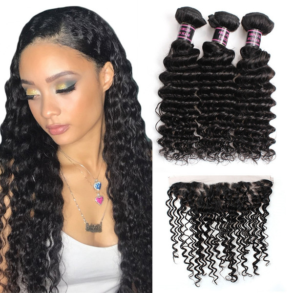 10A Brazilian Deep Wave 3Bundles with 13*4 Lace Frontal Peruvian Malaysian Indian Virgin Human hair Products Wholesale Price