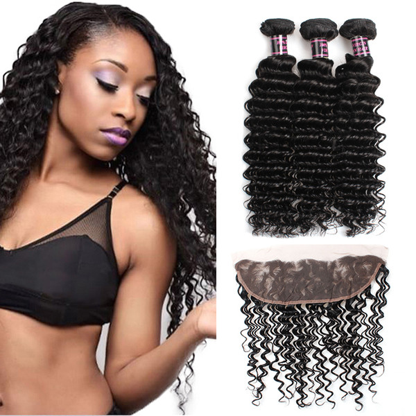 Ishow Human Hair Bundles With Closure Wholesale Cheap 8A Brazilian Hair 3Bundles With Lace Frontal Deep Wave Virgin Hair Extensions