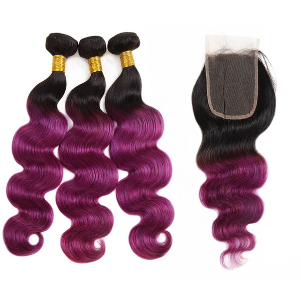 Ishow 10A Brazilian Hair Ombre Color Hair Weaves Extensions 3Bundles with Closure T1B/Purple T1B/99J Body Wave Human Hair Straight