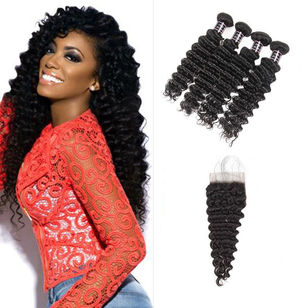 Good Quality Brazilian Hair Bundles Closure 8A Peruvian Virgin Hair 4 Bundles With Closure Malaysian Deep Curly Wholesale