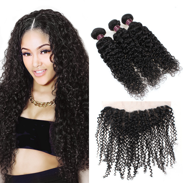 Wholesale Cheap 8A Brazilian Hair 3Bundles With Lace Frontal Kinky Curly Virgin Hair Extensions Ishow Human Hair Bundles With Closure