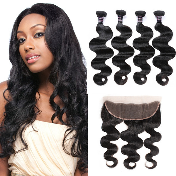 Ishow Human Hair Weave Peruvian Hair Bundles With Closure Brazilian Body Wave Hair Weaves 4pcs With Lace Frontal Cheap 8A 