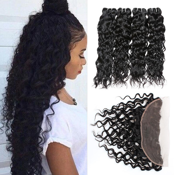 Brazilian Virgin Hair Lace Frontal Closure with Bundles 8A Brazilian Human Hair Weave Bundles Wet and Wavy Water Wave 4 Bundles with Closure