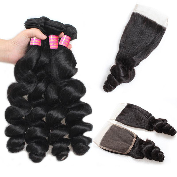 10A Mink Brazilian Loose Wave Hair with Closure 4 Bundles Unprocessed Virgin Hair Weave Wet and Wavy Brazilian Human Hair Bundle Deals