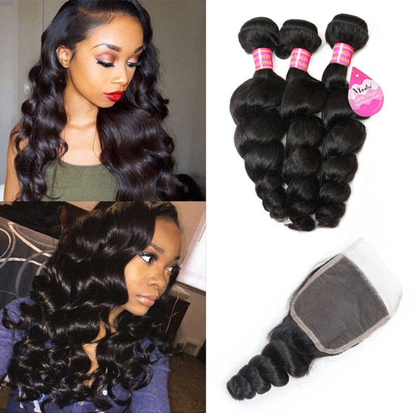 8A Brazilian Virgin Hair Loose Wave Bundles with Closure Unprocessed Wet and Wavy Hair Extensions with 4 X 4 Free Part Lace Closure