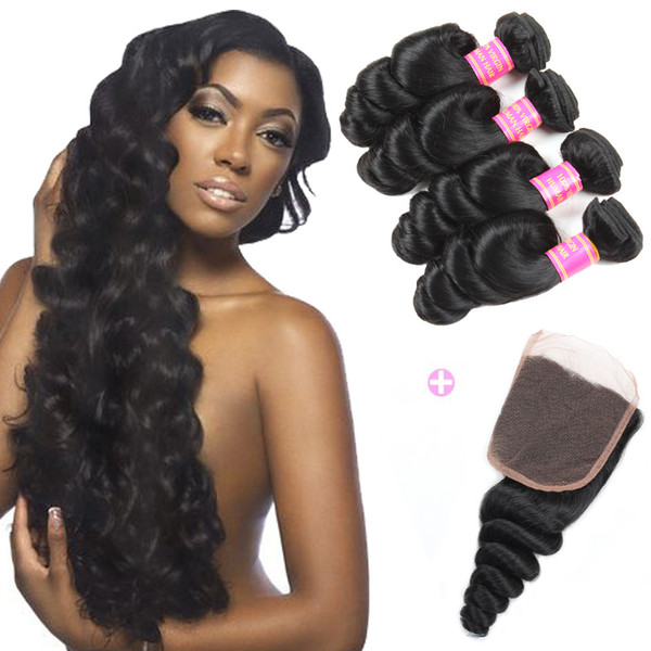 Wholesale 8A Peruvian Loose Wave 4 Bundles with Closure Free Middle 3 Part Double Weft Loose Deep Wave Wavy Virgin Human Hair Extensions