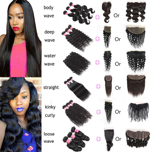 Brazilian Virgin Hair Body Loose Straight Water Deep Natural Wave Kinky Curly With Lace Closure 13x4 Lace Frontal Human Hair Extensions Weft