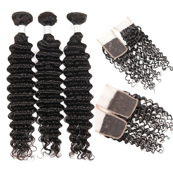 Deep Wave Bundles with Closure 10A Unprocessed Brazilian Virgin Deep Curly Hair Bundles with 4x4 Free Middle 3 Part Closure