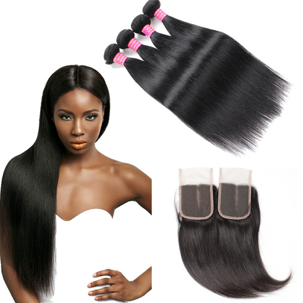 Wholesale 8A Peruvian Straight Hair 4 Bundles with 4*4 Lace Closure Unprocessed Virgin Hair Extensions Free/Middle/Three Part 