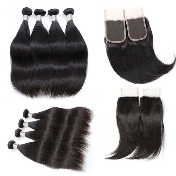 Brazilian Straight Hair Bundles with 4x4 Lace Closure Malaysian Indian Peruvian Straight Virgin Hair Grade 10A Brazillian Hair Closures