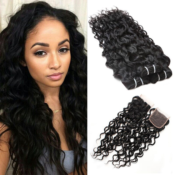 Brazilian Water Wave Bundles with Closure Wet and Wavy Brazilian Virgin Hair Extensions with Lace Closure Unprocessed Remy Human Hair Weave